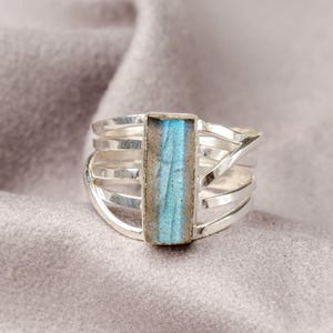 Raw Aquamarine Spiral Ring, Natural Bar Ring, Sterling Silver Jewelry, Aquamarine Ring, March Birthstone, Crystal Ring, Gift For Women LABRADORITE