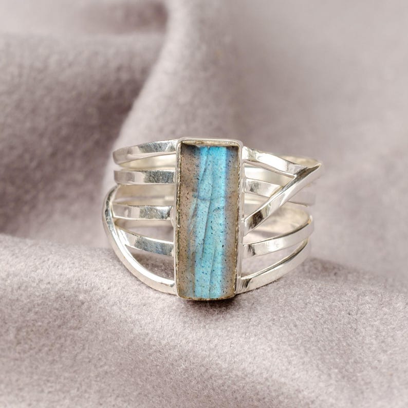 Raw Aquamarine Spiral Ring, Natural Bar Ring, Sterling Silver Jewelry, Aquamarine Ring, March Birthstone, Crystal Ring, Gift For Women LABRADORITE