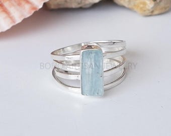 Raw Aquamarine SPIRAL Ring, Long Bar Stick Ring, Aquamarine Pencil Bar Ring, March Birthstone Jewelry, Handmade Ring, Unique Gift Ring