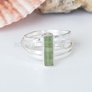 Raw Aquamarine Spiral Ring, Natural Bar Ring, Sterling Silver Jewelry, Aquamarine Ring, March Birthstone, Crystal Ring, Gift For Women GREEN TOURMALINE