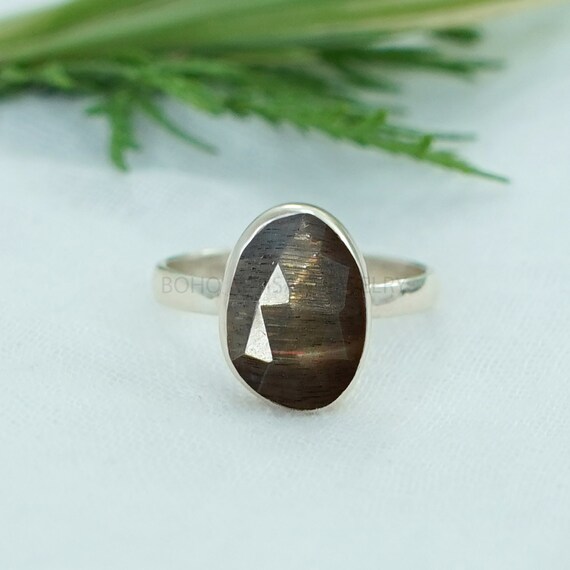 CHOCOLATE Moonstone Ring, Silver Handmade Jewelry, Rose Cut Stone