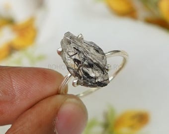 Black Rutile Quartz Solitaire Ring, Raw Rutilated Quartz Ring, Handmade Ring, Boho Ring, Birthstone Ring, Unique Ring - Gift For Her