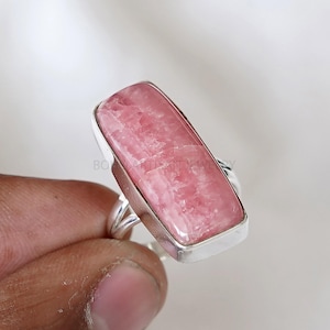 Rhodochrosite Bar Ring, Rhodochrosite Cabochon Ring, Silver Handmade Jewelry, Boho Ring, Birthstone Ring, Pink Gemstone Ring, Christmas Gift image 4