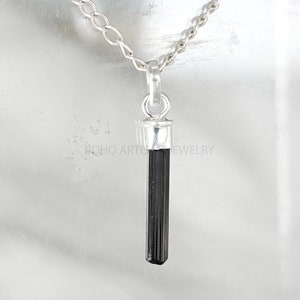 Raw Black Tourmaline Pendant: Sterling Silver Crystal Bar Necklace