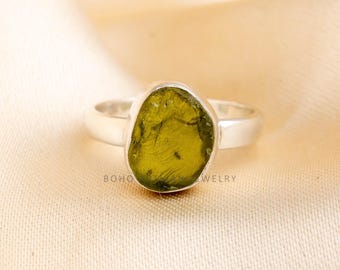 Raw Peridot Ring: 925 Sterling Silver, Boho Statement Jewelry