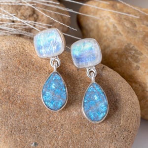Rainbow Moonstone and Labradorite Earrings: Sterling Silver Dangle Studs