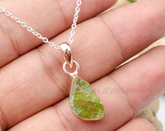 Raw Peridot Pendant: Rose Gold Plated Sterling Silver Necklace
