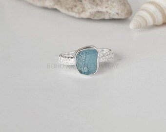 Raw Aquamarine Ring: Sterling Silver CZ Stacking Band, Boho Jewelry