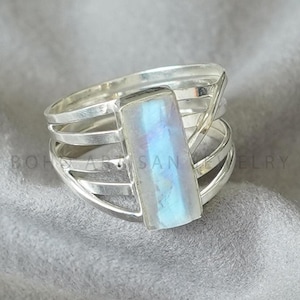 Raw Aquamarine Spiral Ring, Natural Bar Ring, Sterling Silver Jewelry, Aquamarine Ring, March Birthstone, Crystal Ring, Gift For Women Moonstone