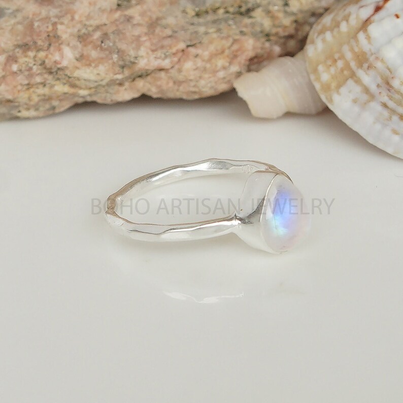 Tear Drop Moonstone Ring, Hammered Texture Band, Cabochon Ring, Crystal Stone Silver Jewelry, Blue Fire Moonstone, July Birthstone, Gift. image 6