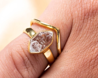 14k Gold Herkimer Diamond with Chevron Ring, Gold Plated Ring, Handmade Crystal Jewelry, Engagement Ring, Uncut Diamond Ring, Gift For Her