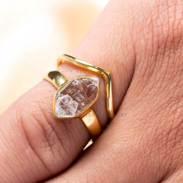 14k Gold Herkimer Diamond with Chevron Ring, Gold Plated Ring, Handmade Crystal Jewelry, Engagement Ring, Uncut Diamond Ring, Gift For Her
