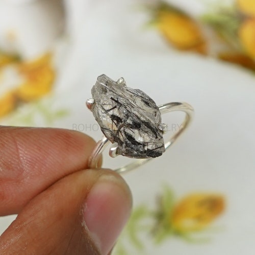 Black Rutile Quartz Solitaire Ring, Raw Rutilated Quartz Ring, Handmade Ring, Boho Ring, Birthstone Ring, Unique Ring - Gift For Her