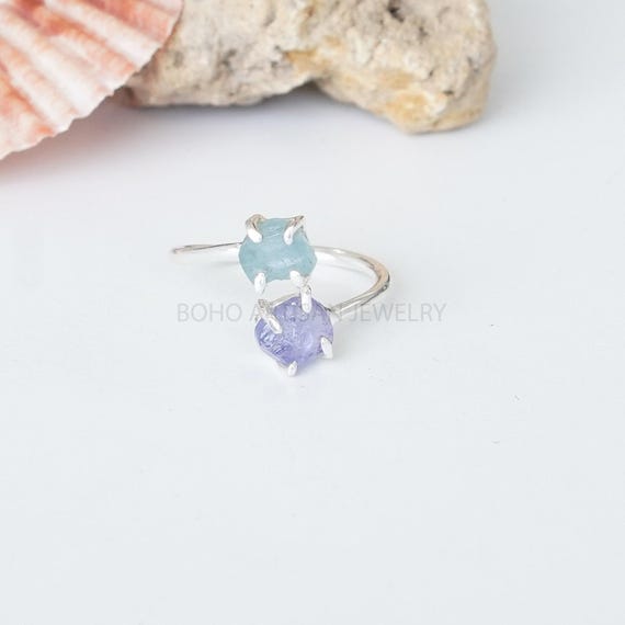 Raw Aquamarine Tanzanite Ring, Two Stone Ring, Adjustable Ring, Natural Aquamarine Ring, March Birthstone, Raw Crystal Ring, Gift for Her