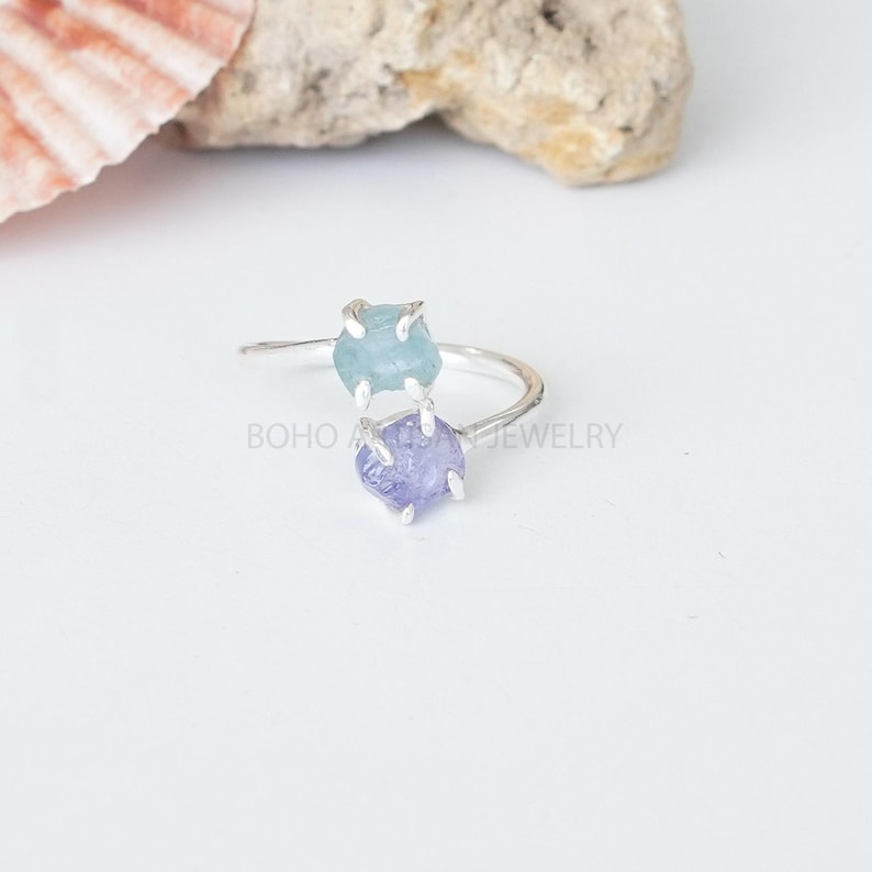 Raw Aquamarine Tanzanite Ring, Two Stone Ring, Adjustable Ring, Natural Aquamarine Ring, March Birthstone, Raw Crystal Ring, Gift for Her bild 1
