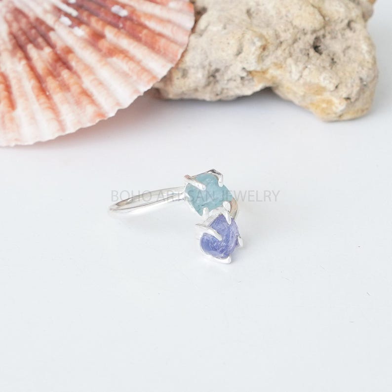 Raw Aquamarine Tanzanite Ring, Two Stone Ring, Adjustable Ring, Natural Aquamarine Ring, March Birthstone, Raw Crystal Ring, Gift for Her bild 2