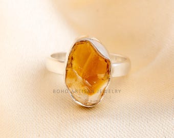 Raw Citrine Crystal Ring: Sterling Silver Boho Jewelry