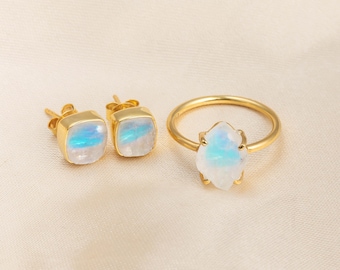 Raw Moonstone Ring: 925 Sterling Silver, Gold Plated, Boho Jewelry