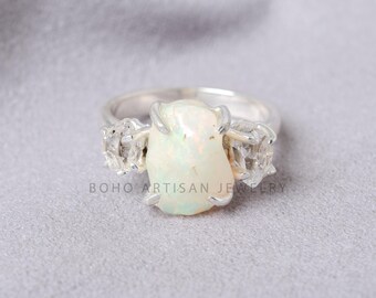 Raw Opal Herkimer Diamond Ring: Sterling Silver Three Stone Boho Jewelry