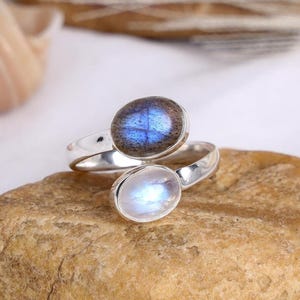 Toi et Moi Ring: Moonstone & Labradorite Sterling Silver Two Stone Ring