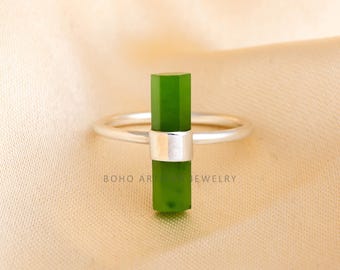 Raw Green Jade Ring, Stick Bar Ring, Handmade Silver Ring, Statement Jewelry, Natural Jade Ring, March Birthstone Jewelry, Gift For Her