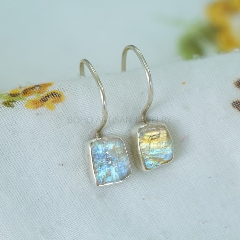 Raw Moonstone Earring, Silver Handmade Earring, Dangle Earring, Blue Fire Moonstone, Raw Stone Jewelry, July Birthstone, Christmas Gift image 2