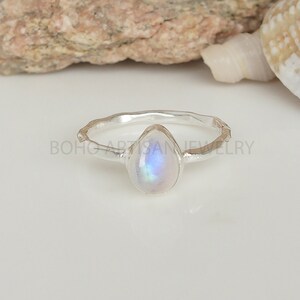 Tear Drop Moonstone Ring, Hammered Texture Band, Cabochon Ring, Crystal Stone Silver Jewelry, Blue Fire Moonstone, July Birthstone, Gift. image 2