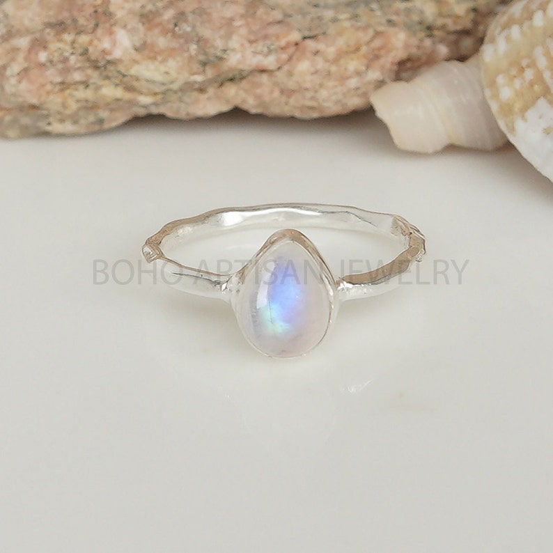 Tear Drop Moonstone Ring, Hammered Texture Band, Cabochon Ring, Crystal Stone Silver Jewelry, Blue Fire Moonstone, July Birthstone, Gift. image 2