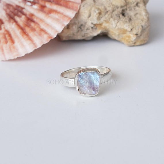 Raw Rainbow Moonstone Moonstone Ring, Crystal Stone Silver Jewelry, Rhodium over Silver, Blue Fire Moonstone, July Birthstone, Gift For Her.