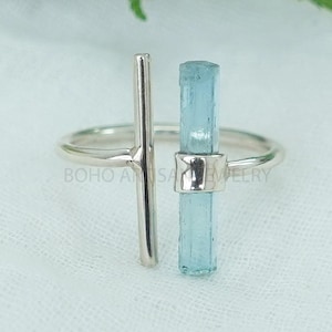 Raw Gemstone Crystal Rings, Natural Bar Ring, Sterling Silver Jewelry, Aquamarine Ring, Multi Design Rings, March Birthstone, Gift For Women