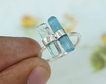 Raw Aquamarine Toi et Moi Ring: Sterling Silver Crystal Bar Ring
