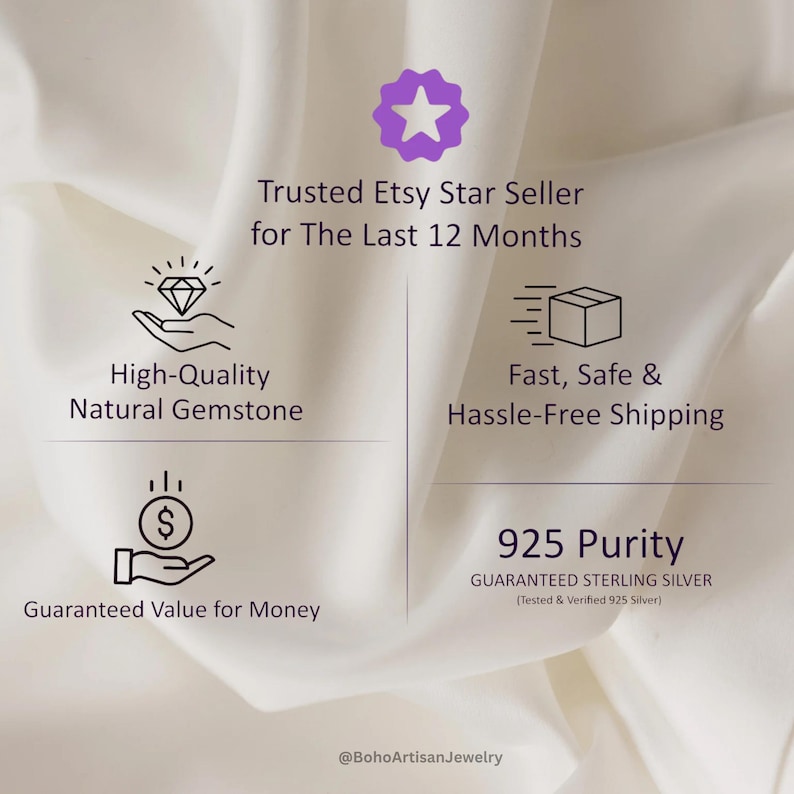 The image is a promotional graphic for a jewelry seller, highlighting their trustworthiness, quality, and convenience. It features icons representing a hand holding a gemstone, a box, and a dollar sign, along with text providing details about the seller's offerings.