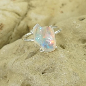 Raw Fire Opal Ring, Polished Rough Opal Ring, October Birthday Gift, Raw Stone Jewelry, Ring For Women, Engagement Ring, Christmas Gift