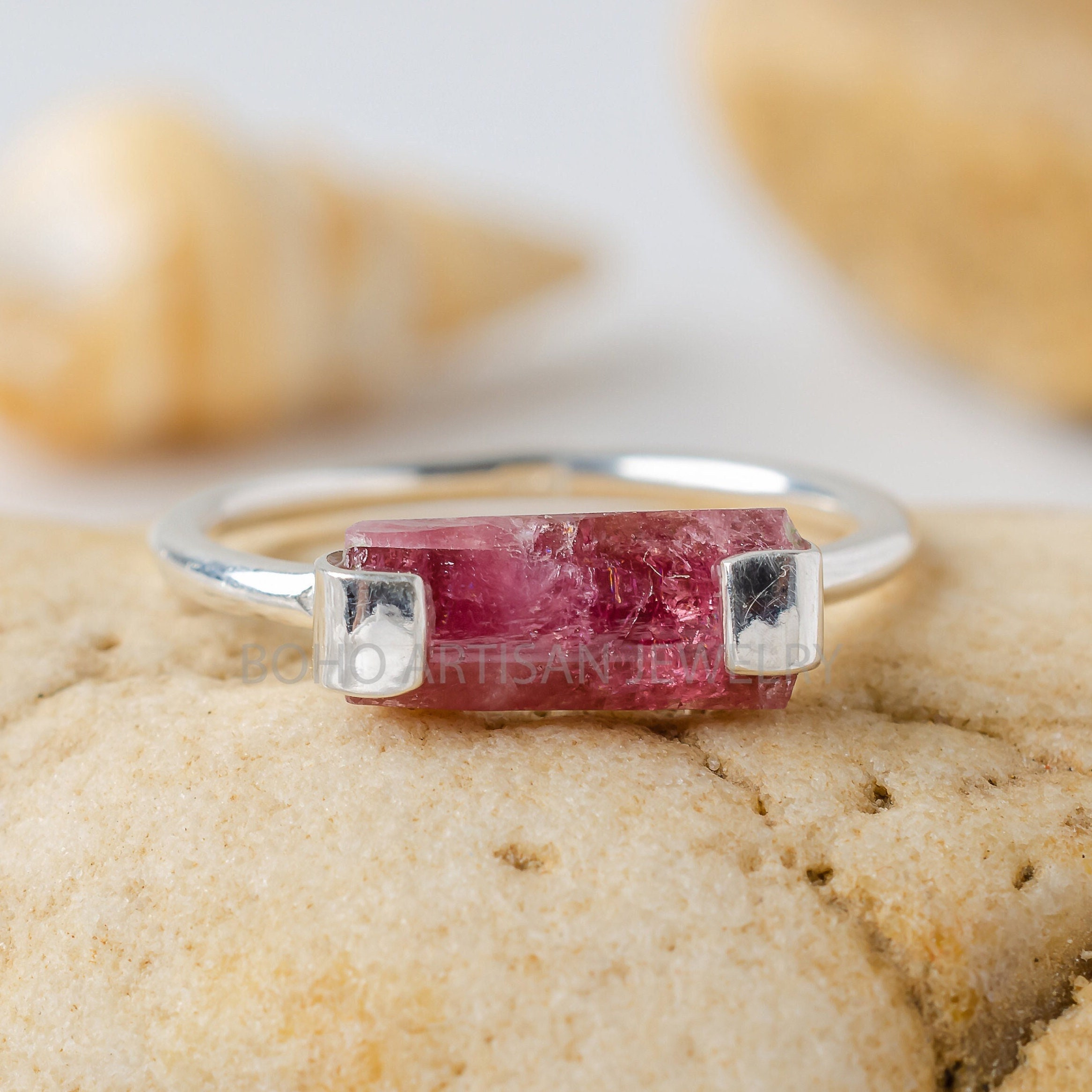 Raw Pink Tourmaline Bar Ring, Thin Bar Ring, Tourmaline Jewelry, Statement Jewelry, Natural Pink Tourmaline, October Birthday Gift For Her