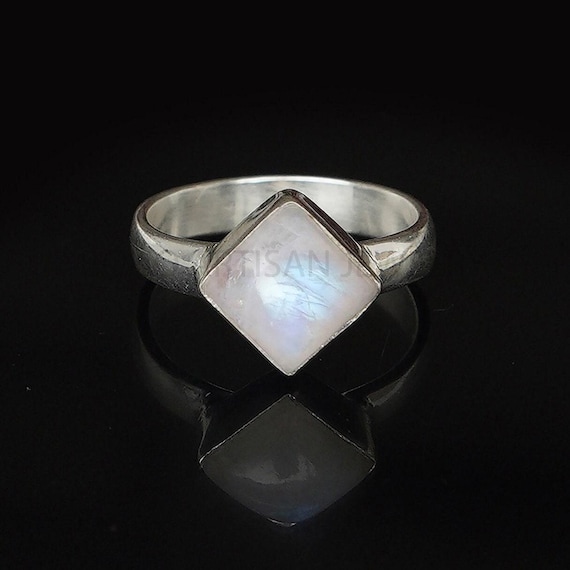 Cushion Moonstone Ring: Rhodium over Sterling Silver, Blue Fire Gemstone