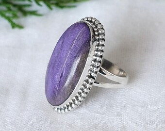 Handmade Charoite Silver Ring: Oval Cabochon, Boho Jewelry
