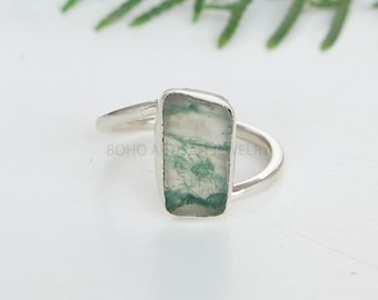 Handmade Moss Agate Ring: 925 Sterling Silver Twisted Band, Boho Jewelry