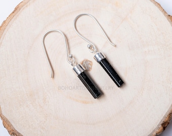 Raw Black Tourmaline Earrings: Handmade 925 Sterling Silver Dangle