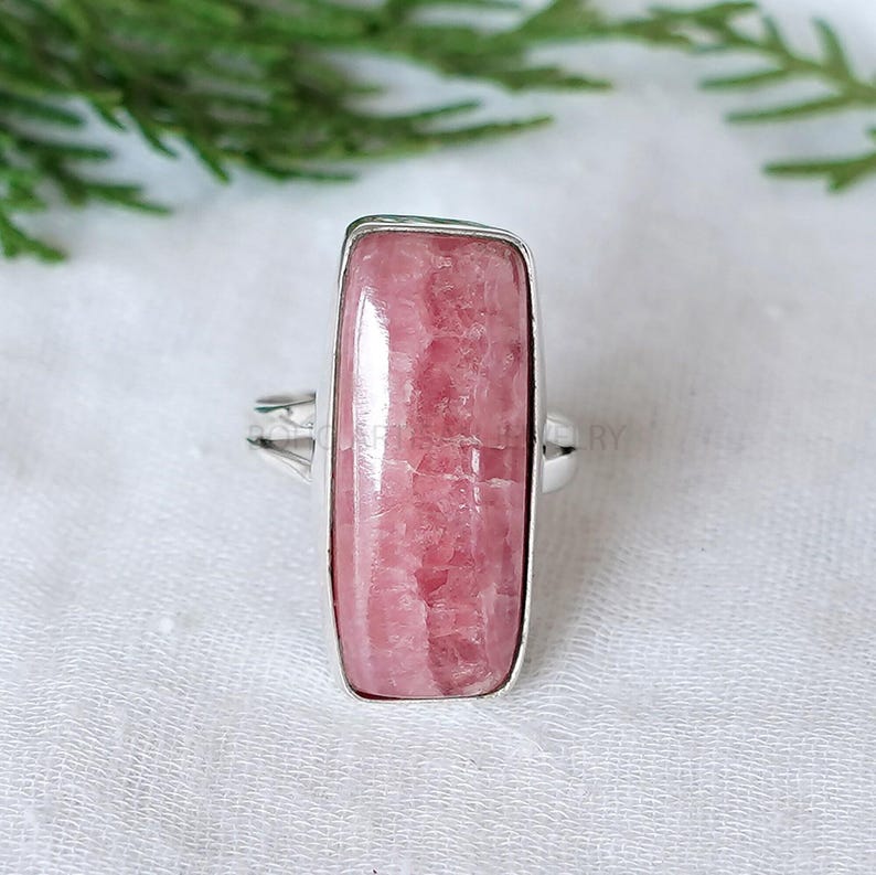 Rhodochrosite Bar Ring, Rhodochrosite Cabochon Ring, Silver Handmade Jewelry, Boho Ring, Birthstone Ring, Pink Gemstone Ring, Christmas Gift image 2