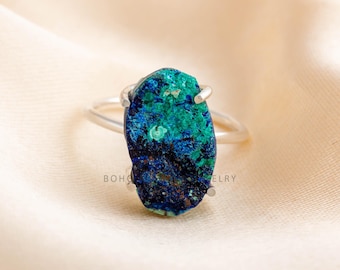 Raw Azurite Malachite Ring: Adjustable Sterling Silver Boho Jewelry