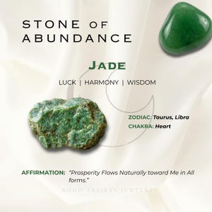 May include: Image featuring two jade stones, one rough and one polished, against a white backdrop. Text reads "Stone of Abundance" and "Jade," with keywords "Luck, Harmony, Wisdom." Additional text includes zodiac signs Taurus, Libra, and Heart chakra.