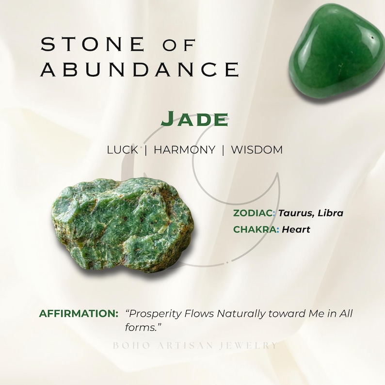 May include: Image featuring two jade stones, one rough and one polished, against a white backdrop. Text reads "Stone of Abundance" and "Jade," with keywords "Luck, Harmony, Wisdom." Additional text includes zodiac signs Taurus, Libra, and Heart chakra.