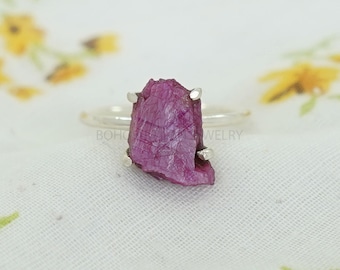 Raw Ruby Ring, Natural Ruby Rough Ring, Silver Handmade Ring, Boho Ring, Crystal Ring, July Birthstone - Rough Stone Ring -Gift For Her