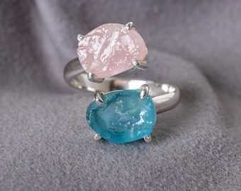 Raw Aquamarine Ring, Rose Quartz Ring, Handmade Silver Jewelry, Adjustable Ring, Rough Stone Ring, July Birthstone Ring, Gift For Her