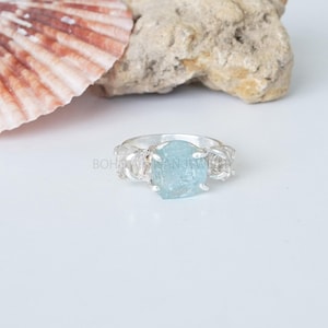 Raw Aquamarine Herkimer Diamond Ring, Three Stone Ring, Sterling Silver Jewelry, Natural Aquamarine Ring, Raw Crystal Ring - Gift for Her