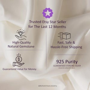 The image is a promotional graphic for a jewelry seller, highlighting their trustworthiness, quality, and convenience. It features icons representing a hand holding a gemstone, a box, and a dollar sign, along with text providing details about the seller's offerings.