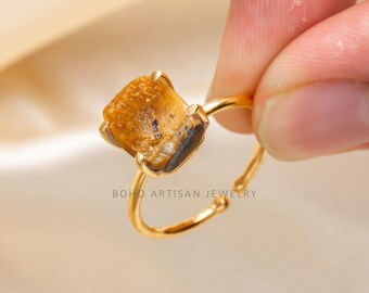 Raw Tiger Eye Ring: Adjustable Sterling Silver, Boho Statement Jewelry