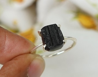 Black Tourmaline Ring / Raw Tourmaline Ring / Natural Rough Stone Jewelry / Handmade Ring / Boho Ring / October Birthstone / Gift For Girls