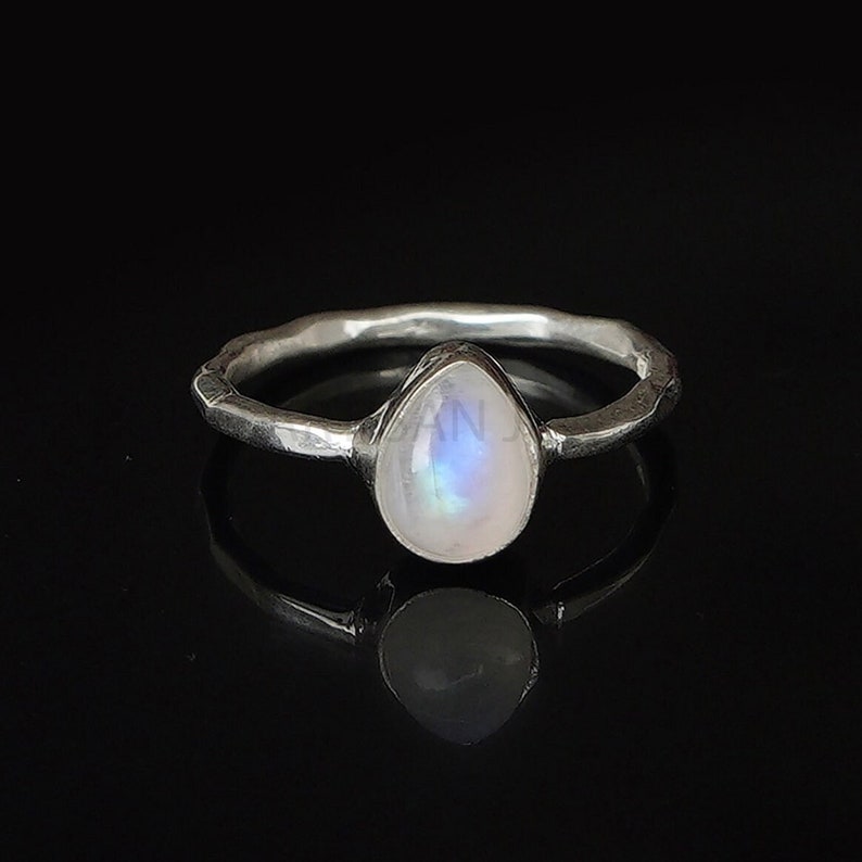 Tear Drop Moonstone Ring, Hammered Texture Band, Cabochon Ring, Crystal Stone Silver Jewelry, Blue Fire Moonstone, July Birthstone, Gift. image 1