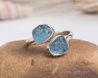 Raw Aquamarine Ring, Sterling Silver Ring, Adjustable Ring, Stackable March Birthstone Jewelry, Natural Gemstone Gift for Her, Dainty Ring